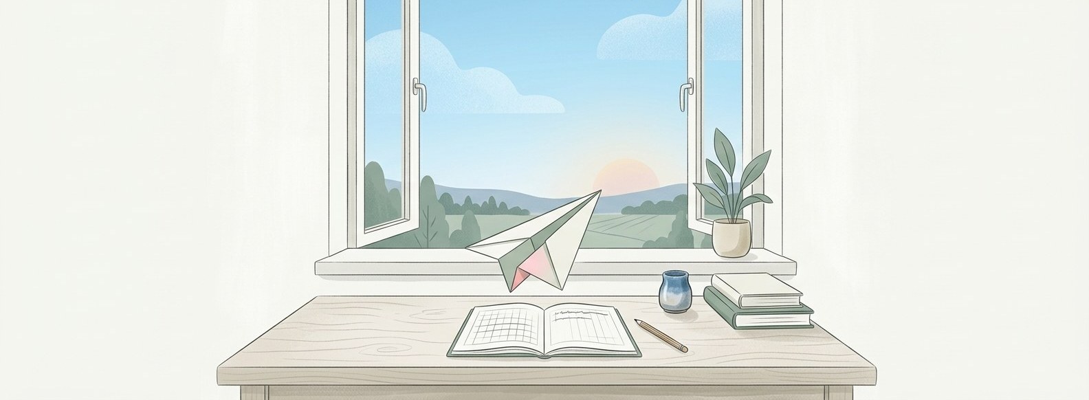 窓辺の勉強机から紙飛行機が飛び立つイラスト