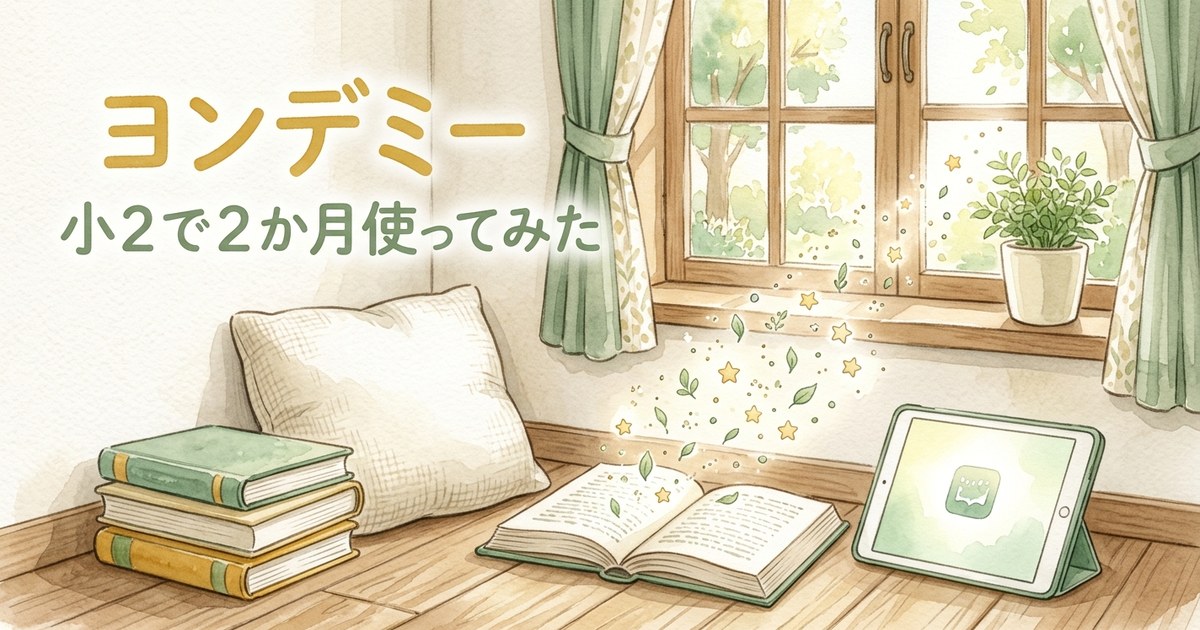 ヨンデミーを小2で2か月使ってみた（窓辺の本とタブレットのイラスト）