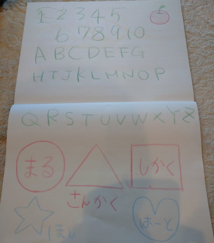 画用紙にクレヨンで書いた数字・アルファベット・図形の名前